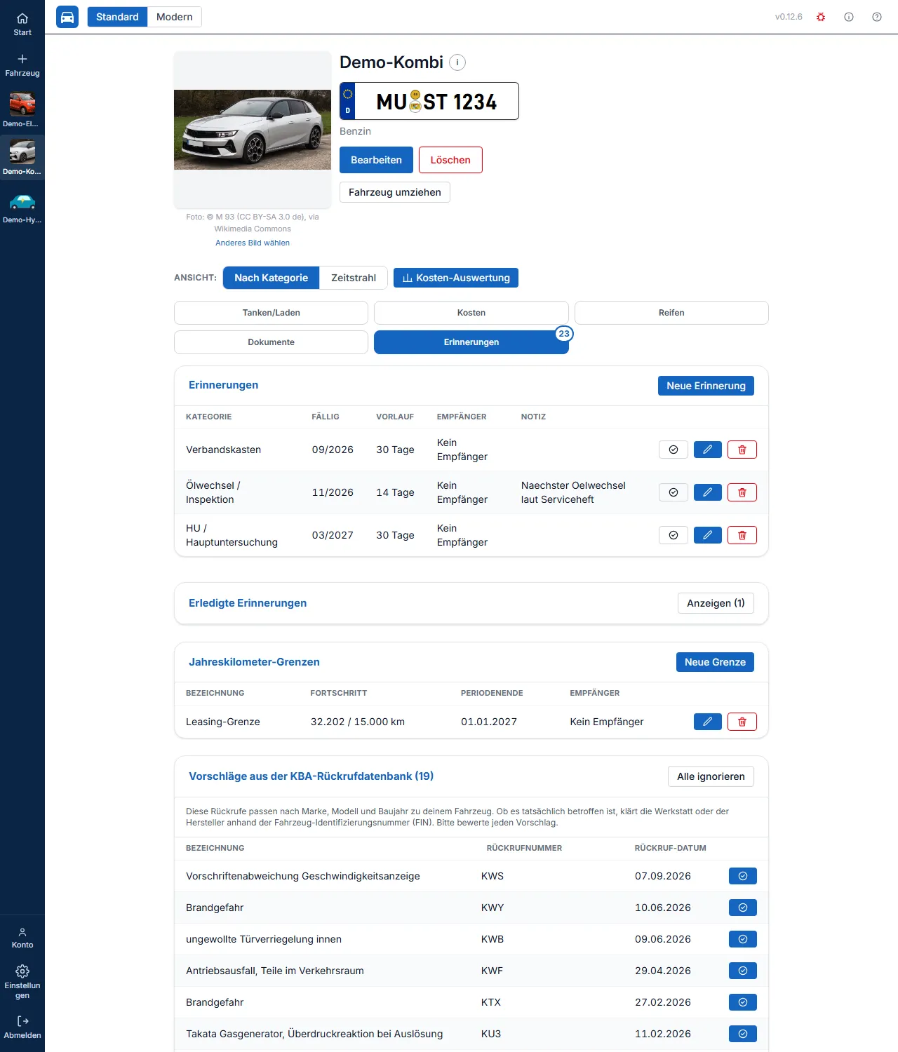Tab ‘Erinnerungen’ mit Notiz-Spalte und den Symbolen Erledigt/Bearbeiten/Löschen