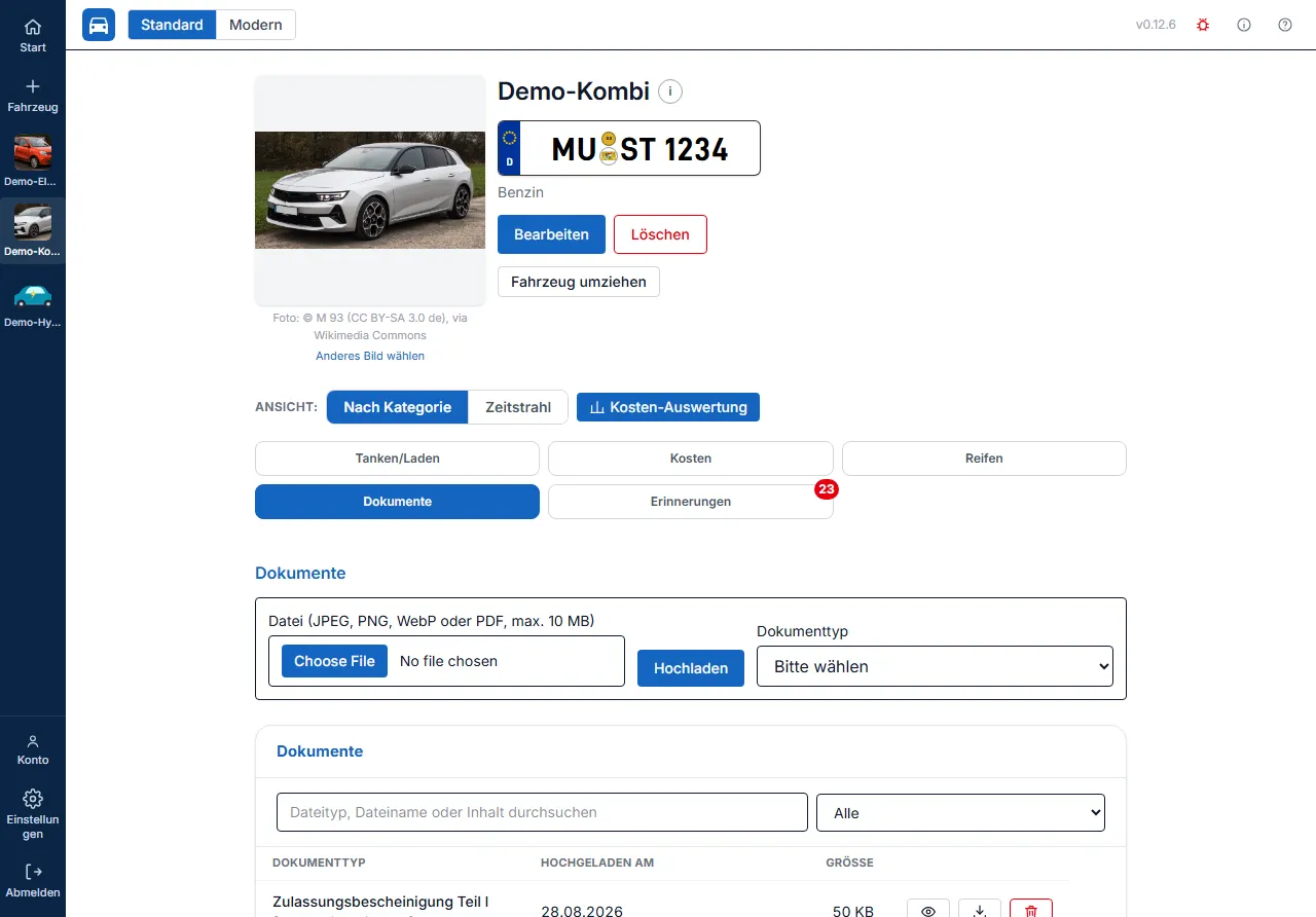 Tabelle der gespeicherten Fahrzeug-Dokumente mit Such- und Dokumenttyp-Filter