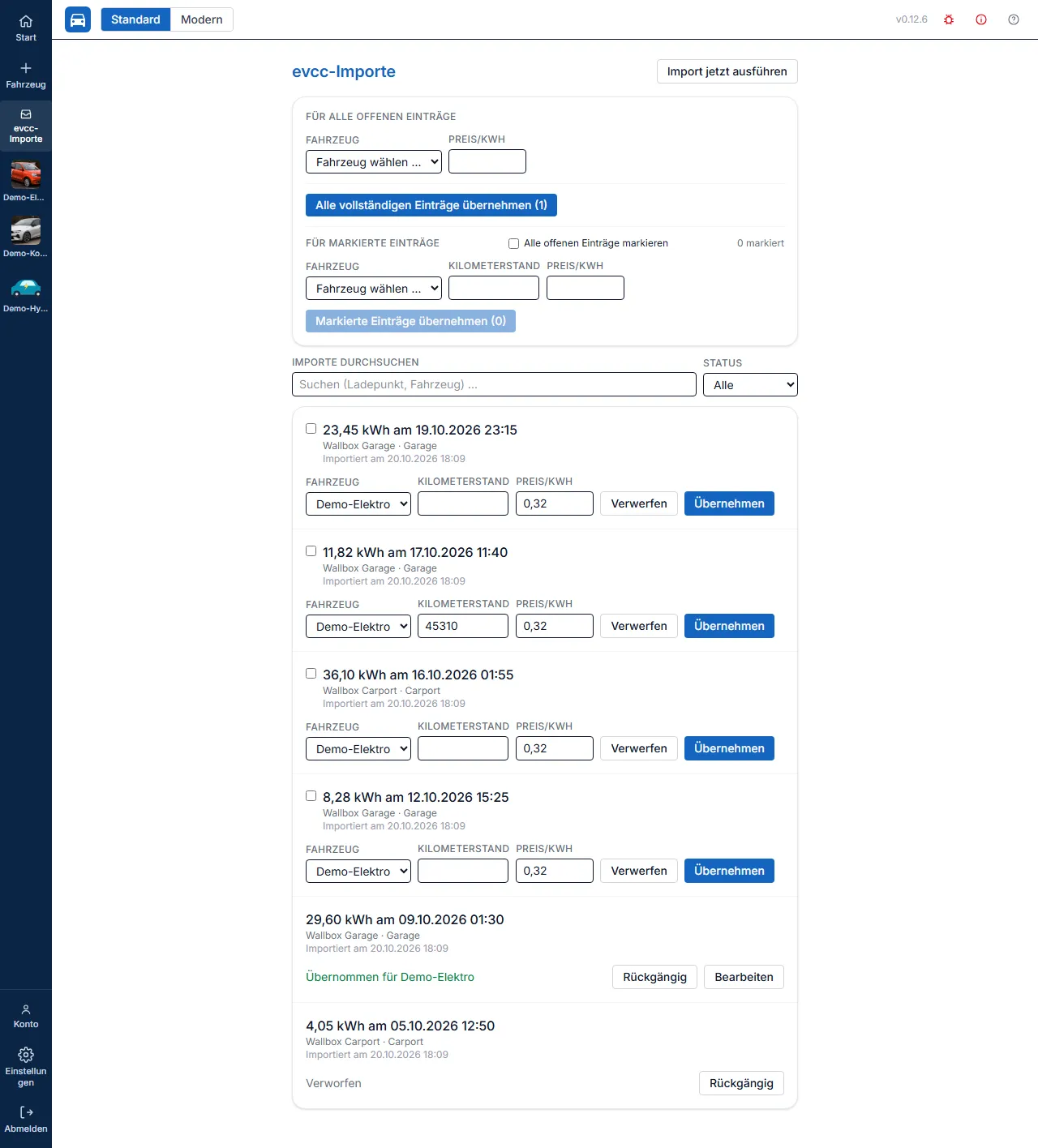 Liste der evcc-Importe mit Status-Filter ‘Alle’: vier offene Importe, ein übernommener Import mit den Buttons Rückgängig und Bearbeiten und ein verworfener Import mit dem Button Rückgängig