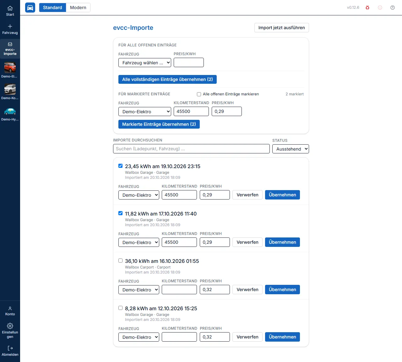 Seite evcc-Importe mit zwei markierten Importen, ausgefüllter Werkzeugleiste Für markierte Einträge und dem Button Markierte Einträge übernehmen (2)