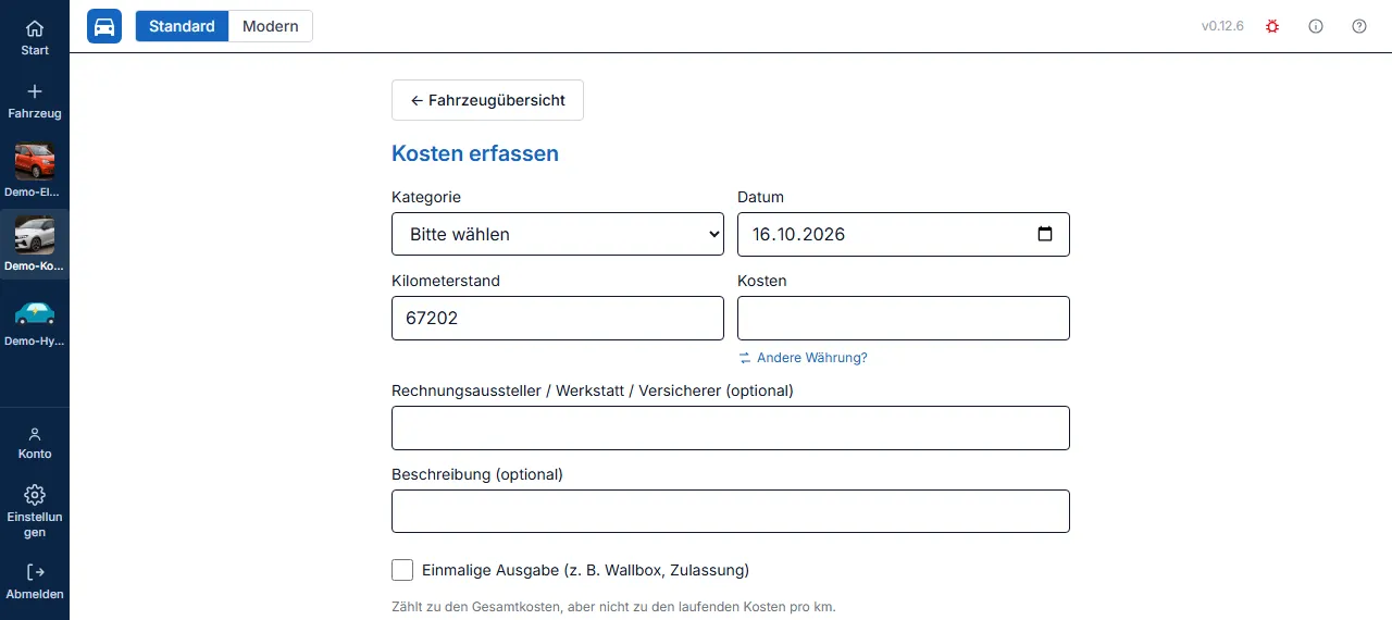 Formular zum Erfassen sonstiger Kosten
