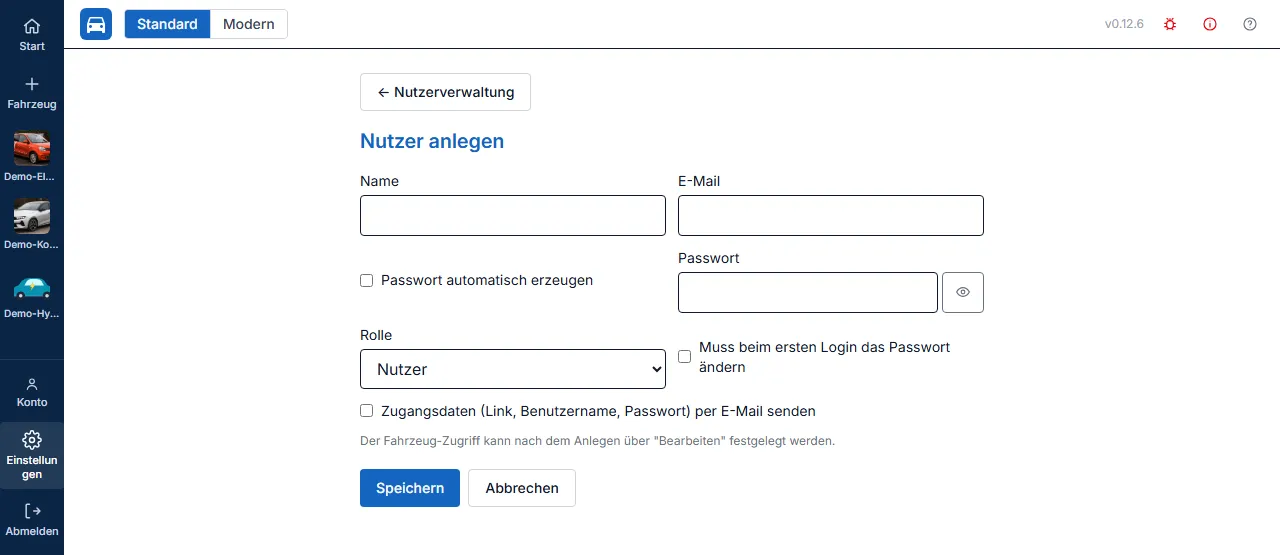 Formular zum Anlegen eines neuen Nutzers