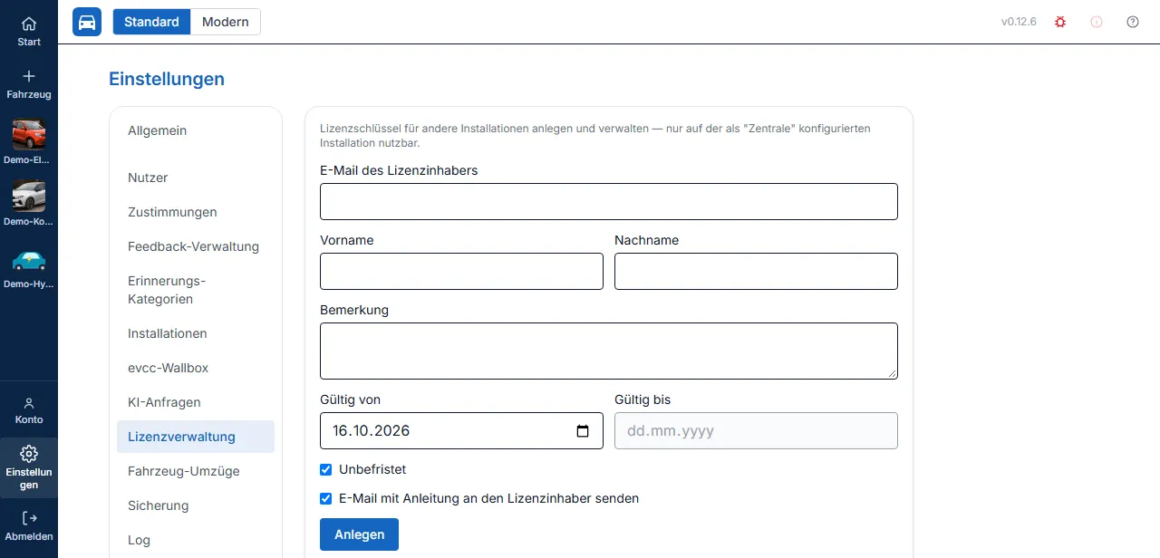 Formular zum Anlegen eines neuen Lizenzschlüssels