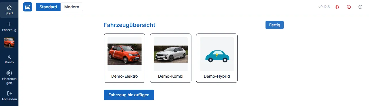 Fahrzeugübersicht im Sortiermodus mit mehreren Fahrzeugen
