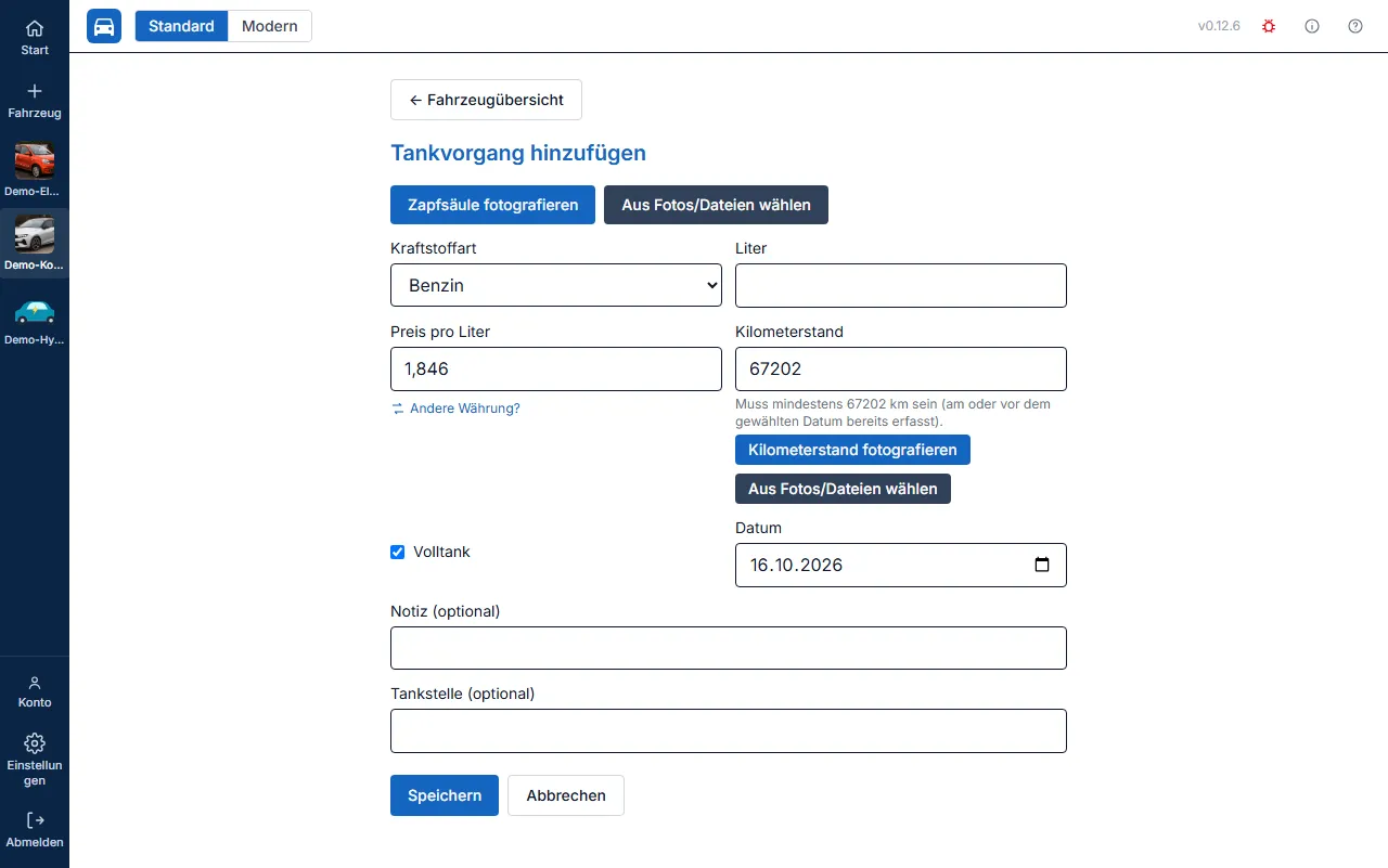 Tankvorgang-Formular im Foto-Tanken-Modus mit Kamera- und Mediathek-Buttons