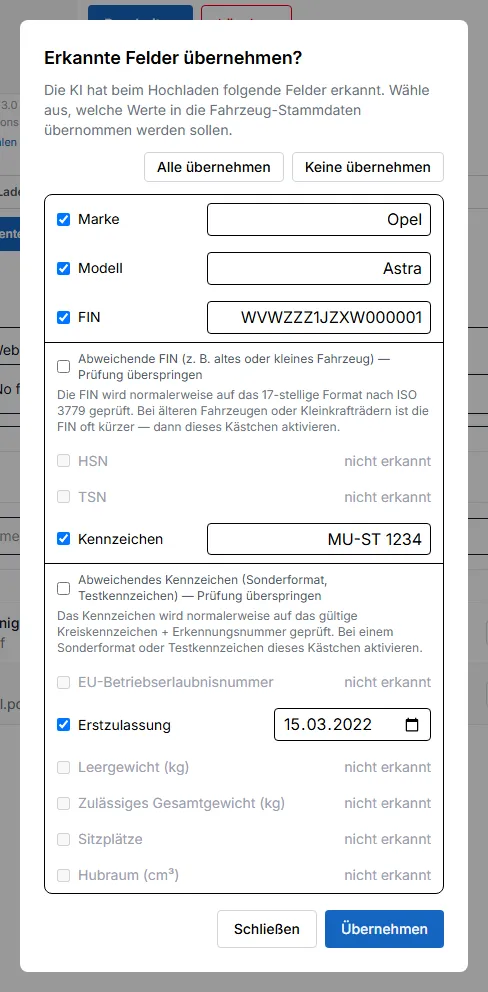 Dialog ‘Erkannte Felder übernehmen?’ nach dem Hochladen eines Dokuments