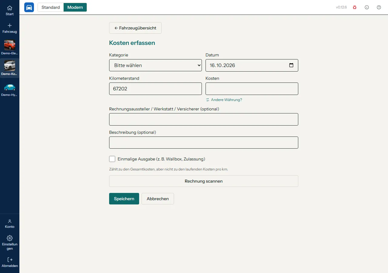 Formular Kosten erfassen mit der Checkbox Einmalige Ausgabe unter dem Feld Rechnungsaussteller
